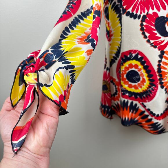 Trina Turk Tunic Blouse Top Silk Floral Bright Blue Orange Yellow Pink Med Boho - Picture 4 of 9